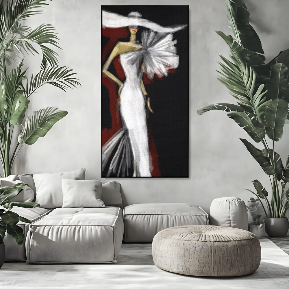 Tablou canvas cu ilustratie cu manechin in rochie alba, in rama de aluminiu negru, pe perete intr-un living